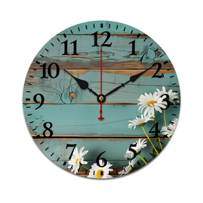 Horloge murale 12 po x 12 po Turquoise Wood Daisy
