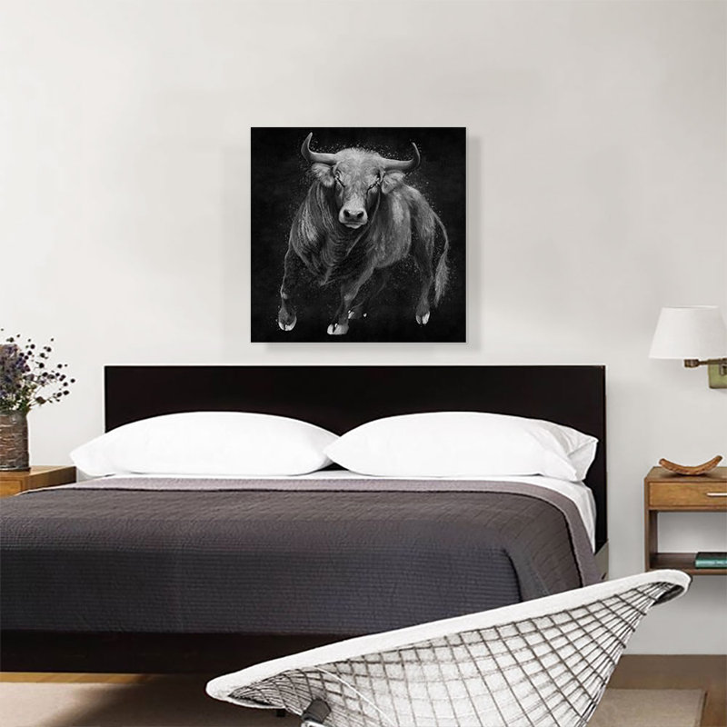 Bull, bovin, bouvillon, animal, noir, blanc, impression sur toile tendue, H 26 po x l 26 po x P 0,75 po