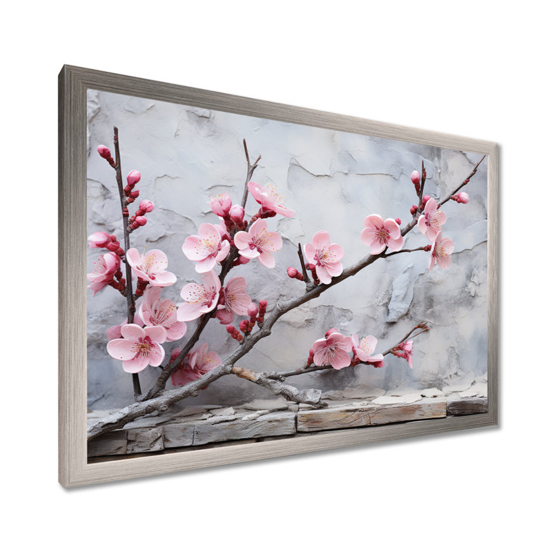 Fleurs de cerisier rose fin de l'hiver - art mural cerisier en fleurs, Cadre de coin argenté fermé