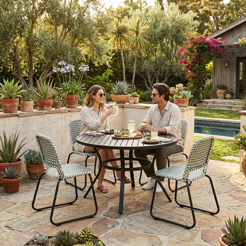 Luna Woven Rattan Outdoor Side Chair, Blue/White Seat/White Frame