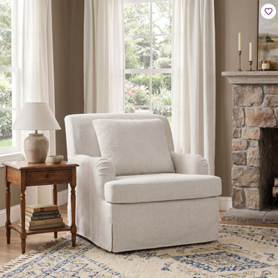  34" W Upholstered Accent Chair, Slipcovered Farmhouse Armchair with Round Arms for Living Room Bedroom Reading Corner