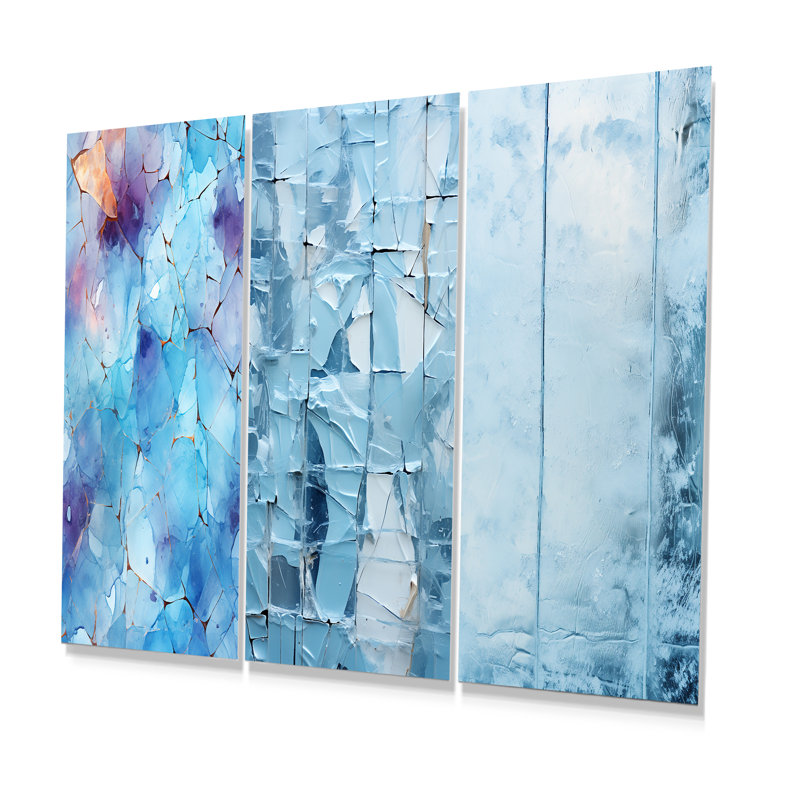 «White Blue Frosty Collage I», ensemble de 3 reproductions d'art murales abstraites en métal, H 32 po x l 48 po