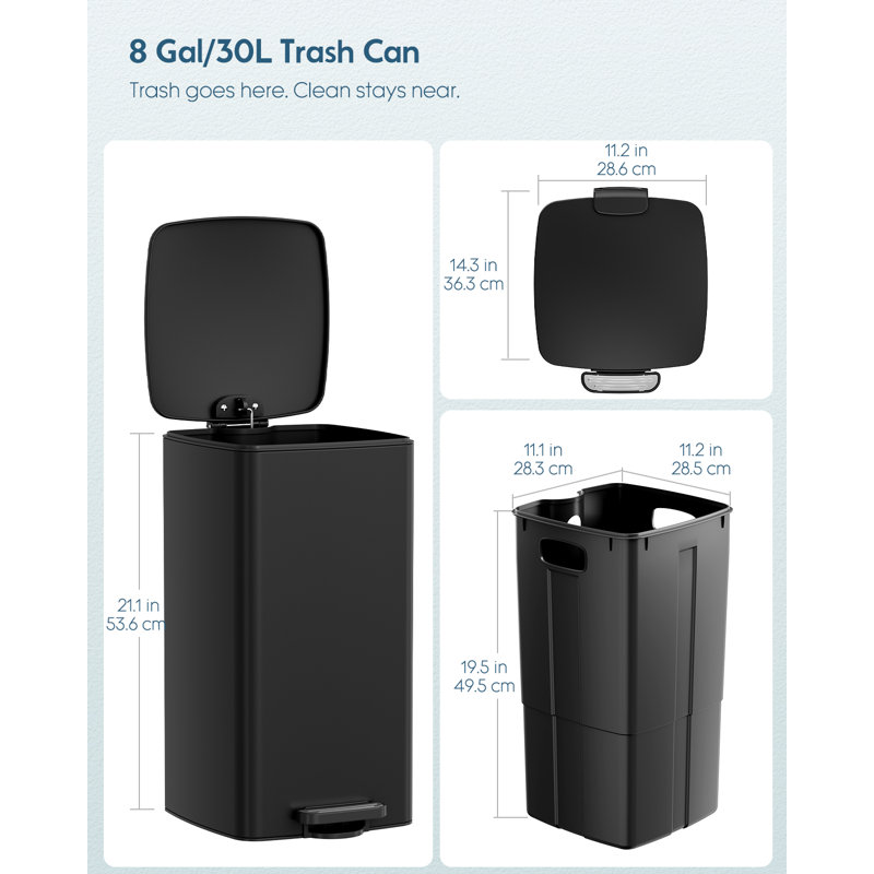 Poubelle carrée, poubelle à pédale en acier inoxydable anti-traces de doigts de 8 gallons / 30 l, couvercle à fermeture en douceur et seau amovible pour la cuisine, le bureau et la maison (noir)