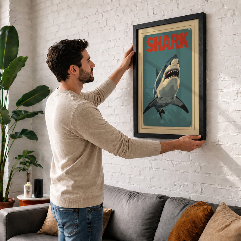 Shark Retro - Framed Print, A1 - 84.1 x 59.4 cm, Black