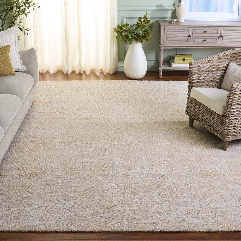 Tapis floral en laine et en coton touffeté à la main Larramore doré / ivoire, Rectangle 8 pi x 10 pi