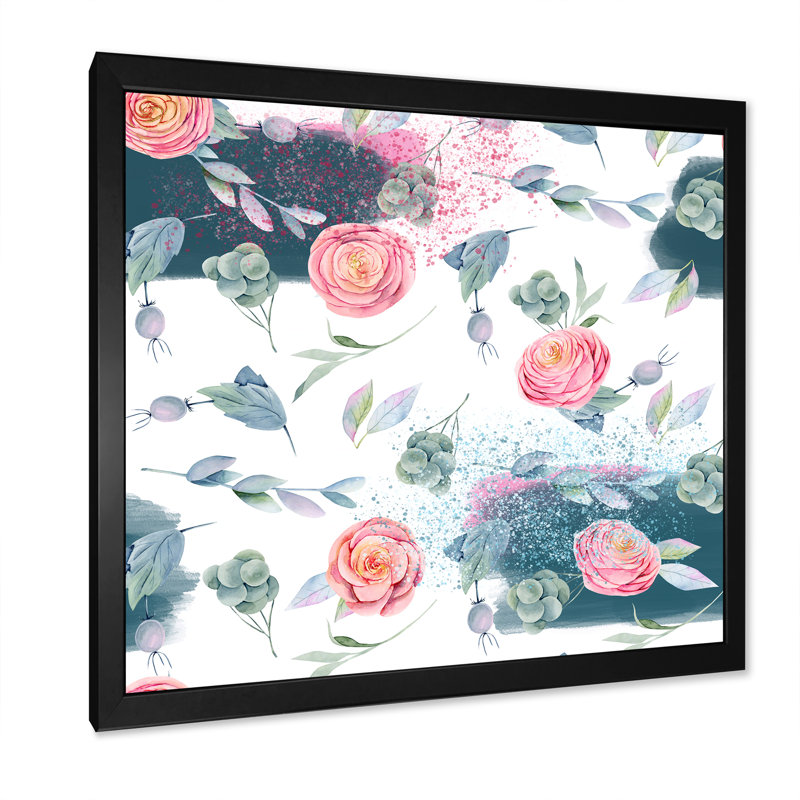 «Pink Beautiful Roses Green Leaves Briar Berries», reproduction d'art sur toile, H 36 po x l 36 po, Cadre photo noir