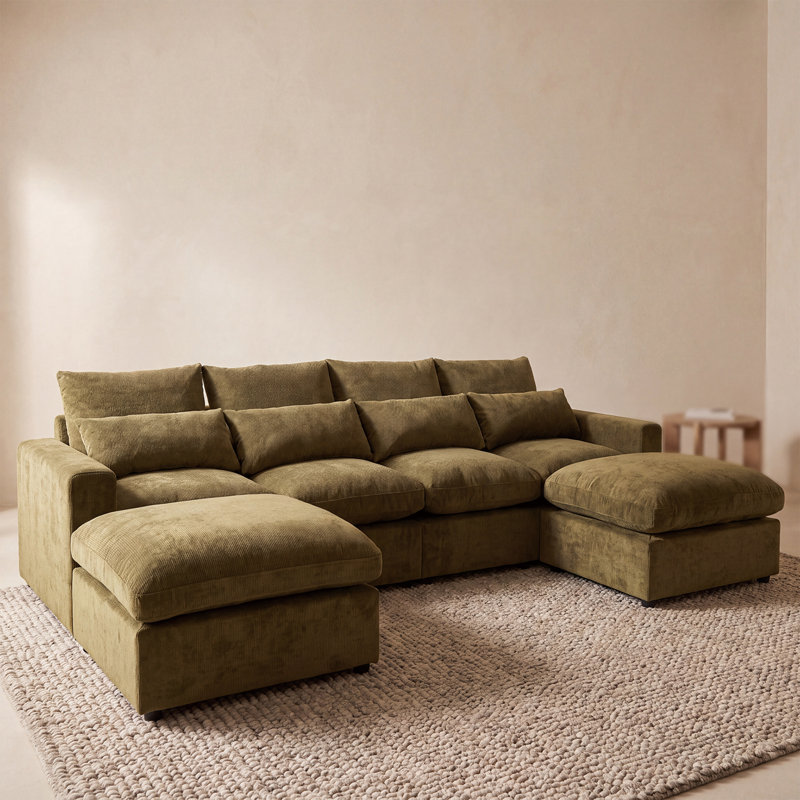 Canapé d'angle modulaire, canapé nuage surdimensionné en forme de U avec double méridienne, mobilier de salon 4 places en chenille rembourrée avec coussins moelleux, vert