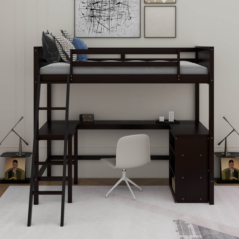 Lit mezzanine simple avec tablettes et bureau, Espresso
