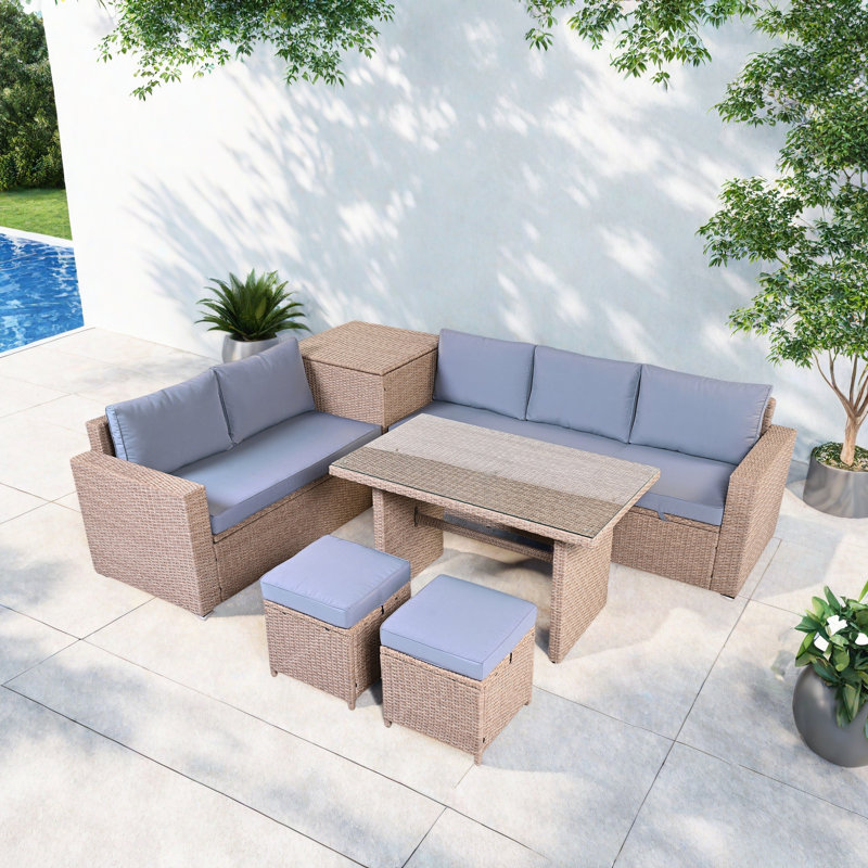 6-piece All Weather Pe Rattan Sofa Set With Adjustable Seat, Storage Box, Removable Covers And Tempered Glass Top Table