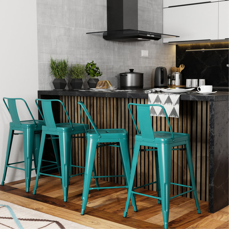 4 4 tabourets de comptoir en métal 24 po - look industriel avec croisillon bleu sarcelle - hauteur 24 po - bleu, style moderne, dossier incurvé pour plus de facilité, repose-pieds relaxant, conception stable