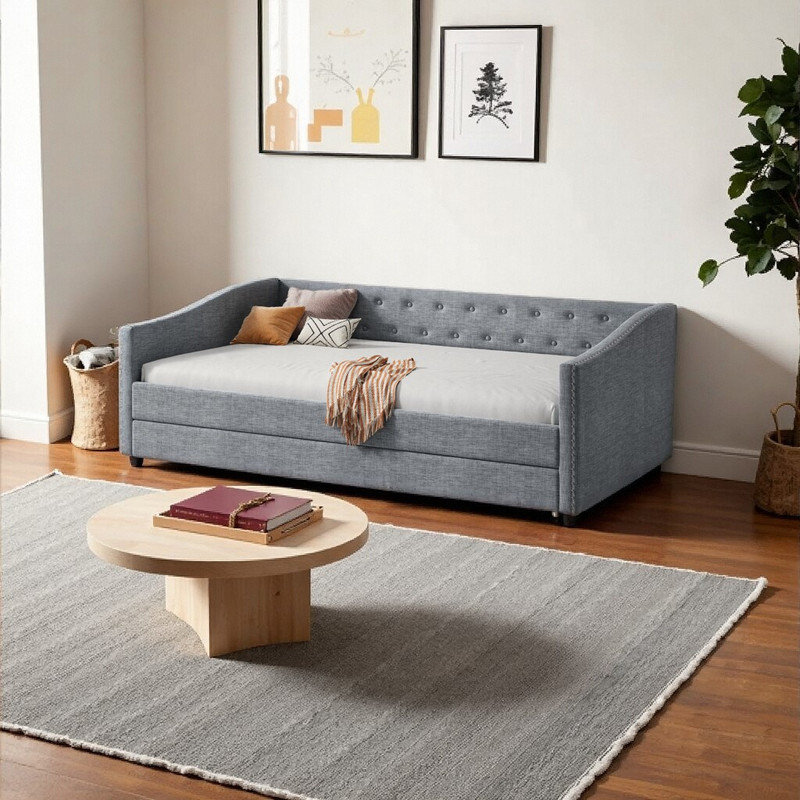 Divan-lit simple avec couchette et rangement, Gris, Lit simple