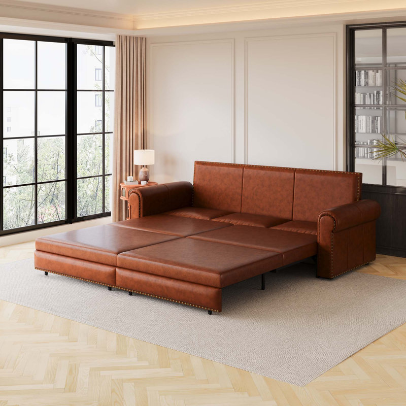 Chesterfield Sofa Bed - 93.8" King 3-In-1 Faux Leather Sleeper With Nailhead Trim, Light Brown