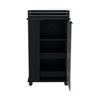Bar Cart With Glass Door, 2-Side Shelves And Casters