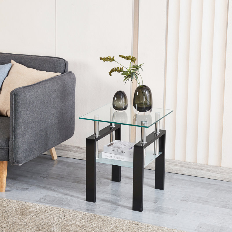 Table d'appoint à 2 plateaux en verre trempé transparent avec rangement - Idéale pour le salon, la chambre ou le bureau dans les petits espaces.