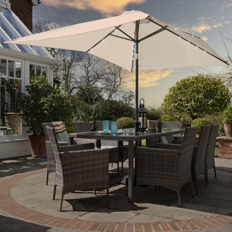 Ahmid 8 Seater Rattan Garden Dining Set with Cream LED Premium Parasol & Cover, Grey, Cream