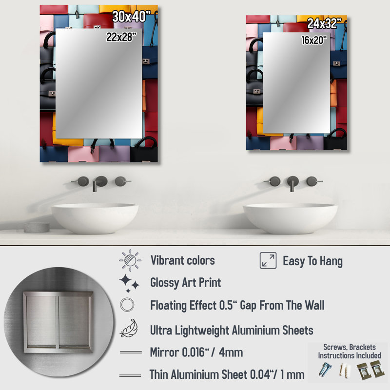 Motif coloré de sacs à main de mode I - miroir de sac tendance, miroir mural décoratif glam, 40 po x 30 po