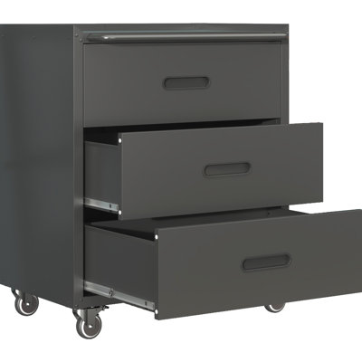 Metal 3 Storage Cabinet With Wheels - Garage, Office, Home Use. Black Steel. 360 Rotating Wheels. Large Compartments. 200Lb Load Capacity 3 Drawer Heavy-Duty Ideal For Home. Strong Steel