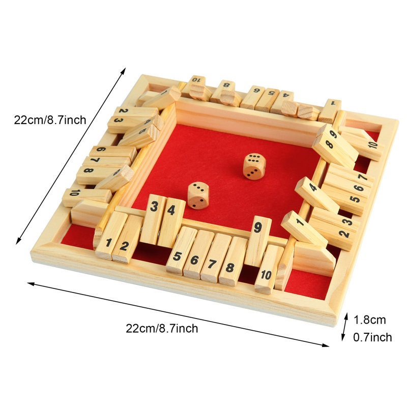 Shut The Box 4 Sided Wooden Board Strategy Game Learning Numbers 2-4 Players Classic Table Dice Game for Kids