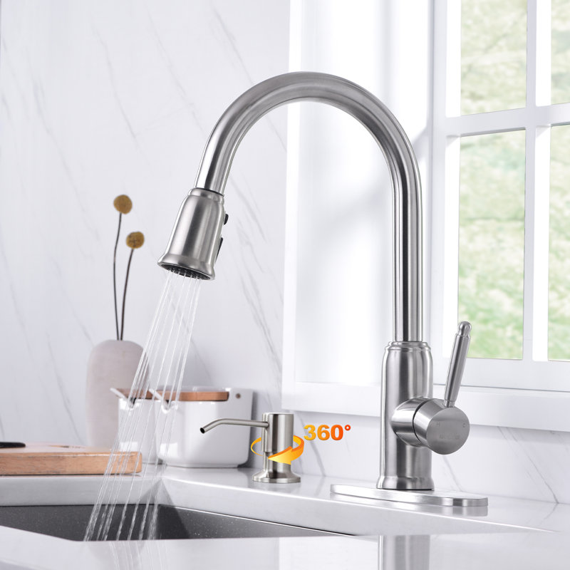 Brushed Nickel Stainless Steel Pull-Down Kitchen Faucet with Soap Dispenser