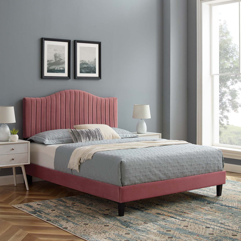 Modway Juniper Channel Tufted Performance Velvet Platform Bed, King, Dusty Rose