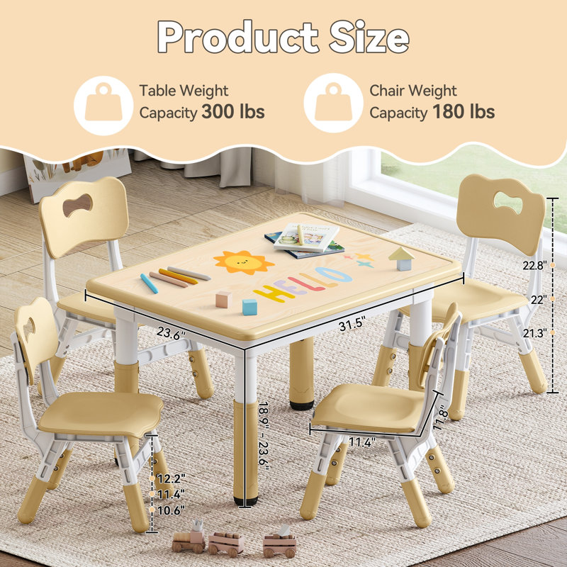 Kids Study Table and Chairs Set, Height Adjustable Toddler Table and Chair Set for Kids Ages 3-8, 31.5" L x 23.6" W Graffiti Desktop Plastic Children Art Table with 4 Seats
