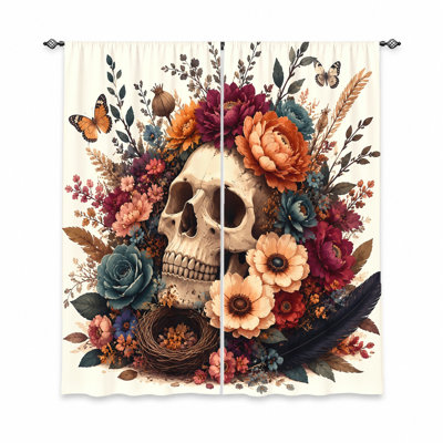 2Pcs rideaux fleur de crâne, tissu filtrant la lumière, motif floral rétro et mystérieux, protection de l'intimité du parasol, conception à passe-tringle, convient au salon, à la chambre à coucher, au balcon et à la cuisine