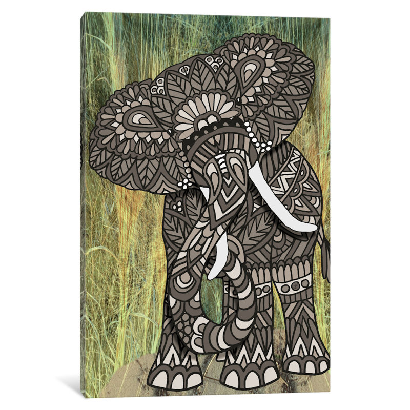 «Ornate Elephant», impression sur toile tendue, H 32 po x l 24 po x P 1 po, Papier d'art encadré noir, Blanc
