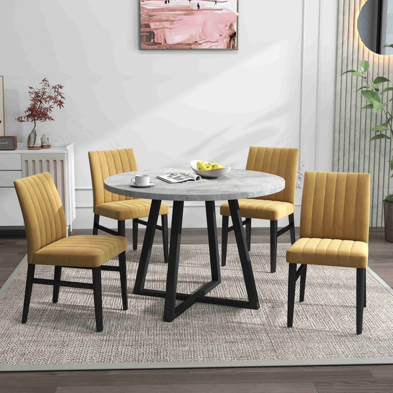 Ensemble de salle à manger 5 pièces, table à tréteaux ronde et 4 chaises rembourrées