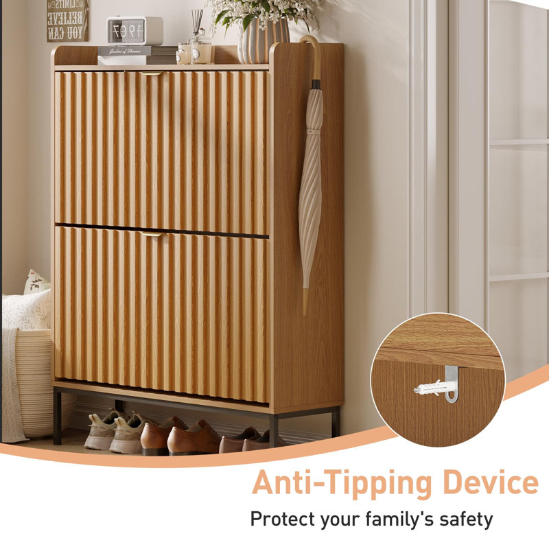 Fluted Shoe Storage Cabinet With 2 Flip Drawers