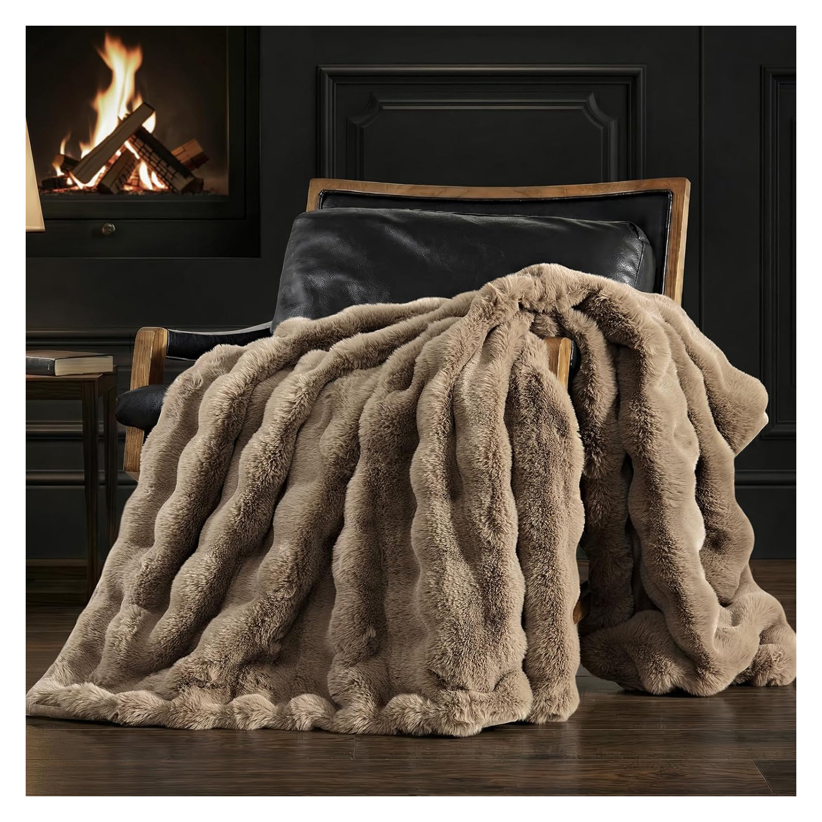 Ridgeline Faux Fur Throw Blanket, 80" L x 60" W, Greige