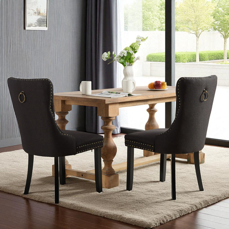 Almerinda Tufted Flax Upholstered Back Dining Chair, Black, Black