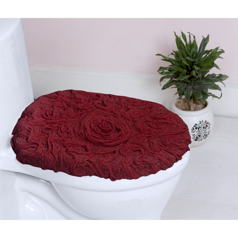 100% Cotton Plush Floral Toilet Seat Lid Cover with Elastic Fit, Soft Decorative Bathroom Accent, 18" x 18", Red