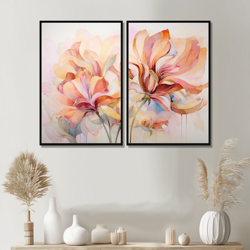 Coral Petal Symphony II - Abstract Botanicals, décoration murale 2 panneaux, Impression encadrée flottante, H 36 po x l 48 po