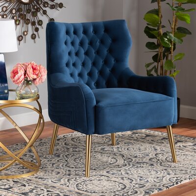 Everly Quinn Studio Modern Luxe And Glam Navy Blue Velvet Fabric Upholstered And Gold Finished Metal Armchair -  AA61A26272B34B198922822816FC9481