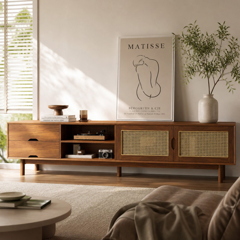 Meuble télé de 78 po avec façades en rotin, console multimédia moderne avec 2 tiroirs et pieds en bois massif pour salon