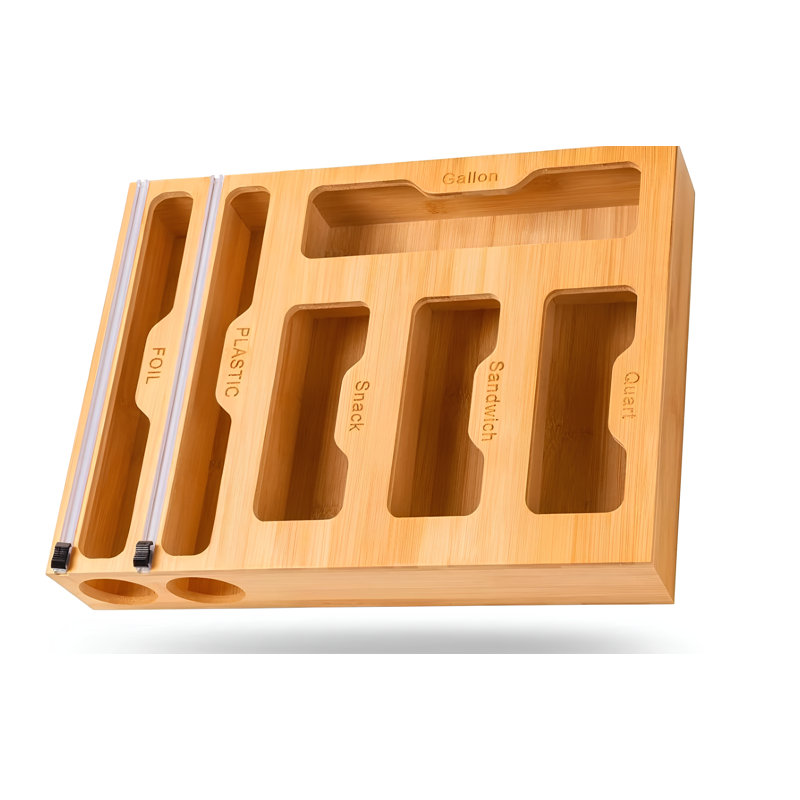 Bamboo Ziplock Bag Organizer with Wrap Dispenser - Fits Gallon, Quart, Sandwich & Snack Bags