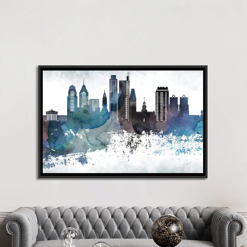 Philadelphia Bluish Skylines - impression d'art graphique, H 40 po x l 60 po x 1,5 po, Aucun mat, Toile avec cadre noir