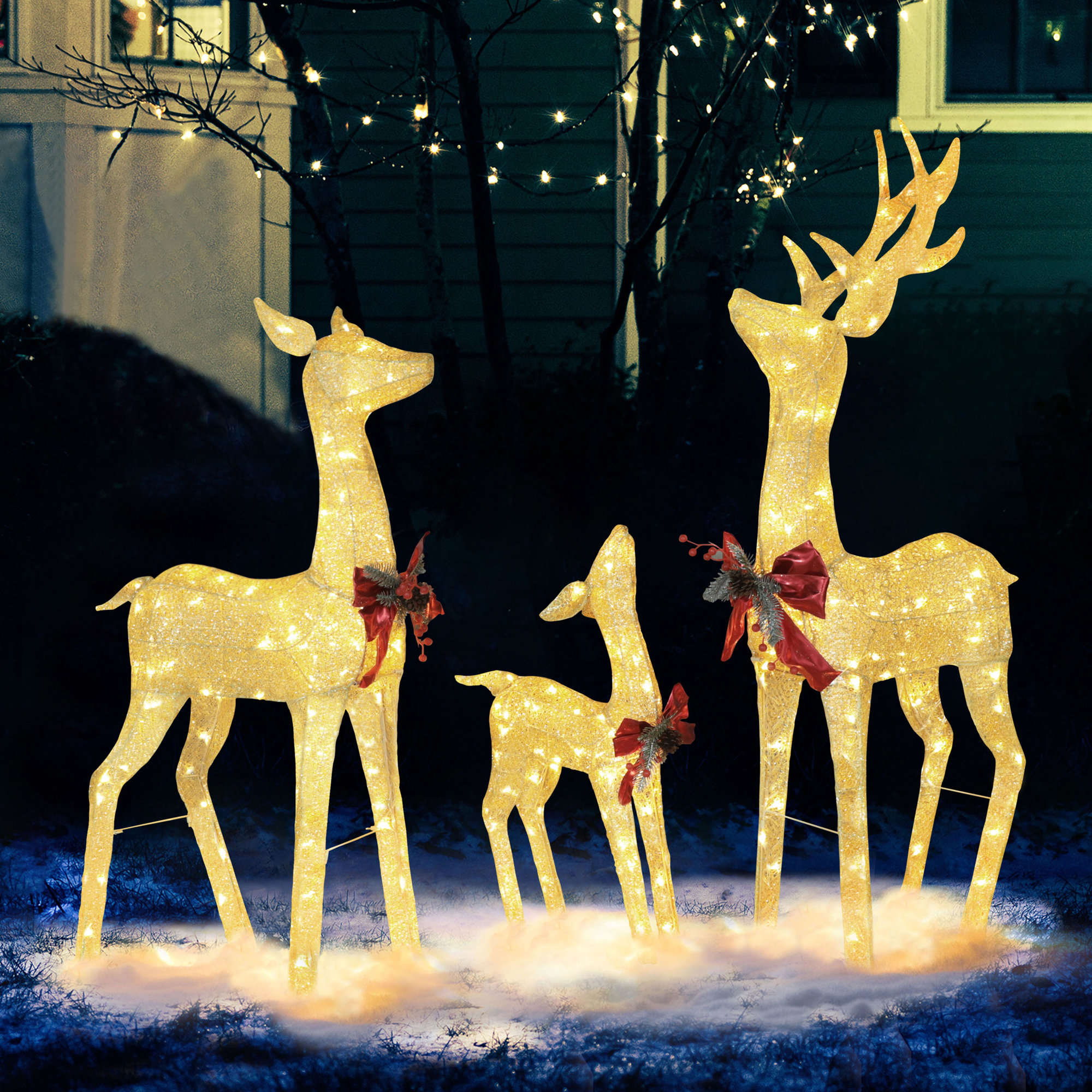 Gutierrez 3 Piece Christmas Deer Lighted Display Set, Gold/Red