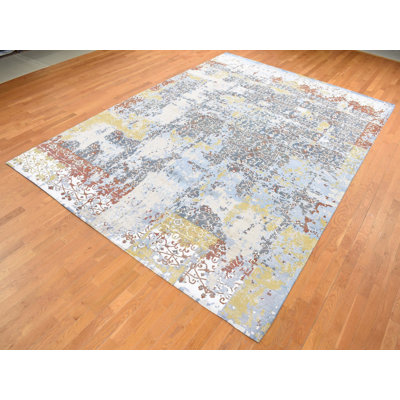 9'9" x 14'0" New Hand Knotted Blue Wool & Silk Rectangle Oriental Rug - MOA10287898