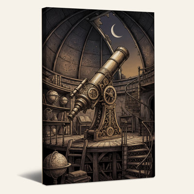 Télescope en laiton sous le dôme de l'observatoire, sous une toile murale d'Halloween