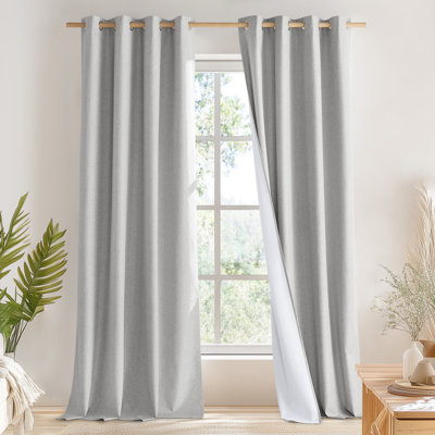  100% Blackout Faux Linen Curtains for Living Room Grommet Privacy Insulated Drapes, Set of 2