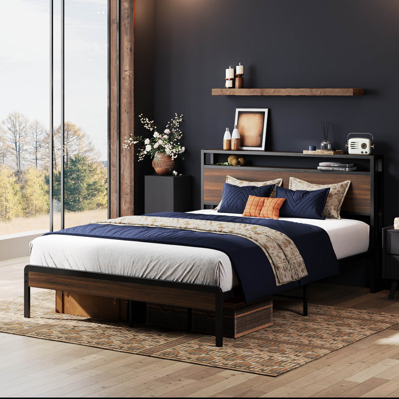 Full Bed Frame with Headboard, Walnut Wood Finish, Strong Metal Supports, Sturdy, Noise-Free, No Box Spring Needed, Full