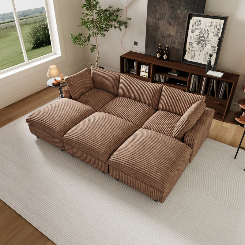 6 - Piece Slipcovered Sectional With Ottoman, Brown