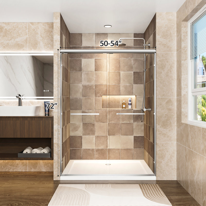 Aluminum Frame Material Double Sliding Opening Shower Door  - 1/4" (6Mm) Clear Tempered Glass With Explosion-Proof Film, Dual Stainless Steel Handles