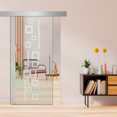 Porte de grange coulissante en verre sans cadre avec design moderne sablé + ensemble de quincaillerie (non privé)