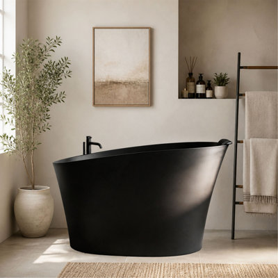 Baignoire, baignoire autoportante ovale 51 po à surface solide noire avec trop-plein, ensemble de drain, siège et appui-tête intégrés