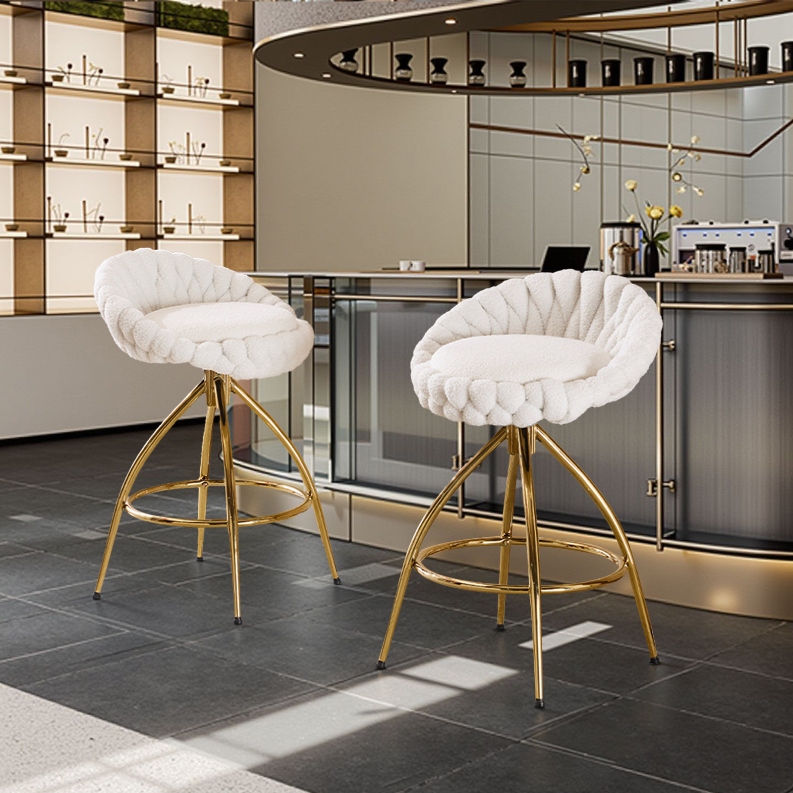 Mercer41 Piece Set Of White Swivel Bar Stools With Teddy Fleece