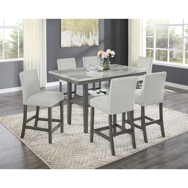 Ensemble de salle à manger à hauteur de comptoir en faux marbre gris 60 po 7 pièces avec tablette de rangement et chaises rembourrées gris clair Luna