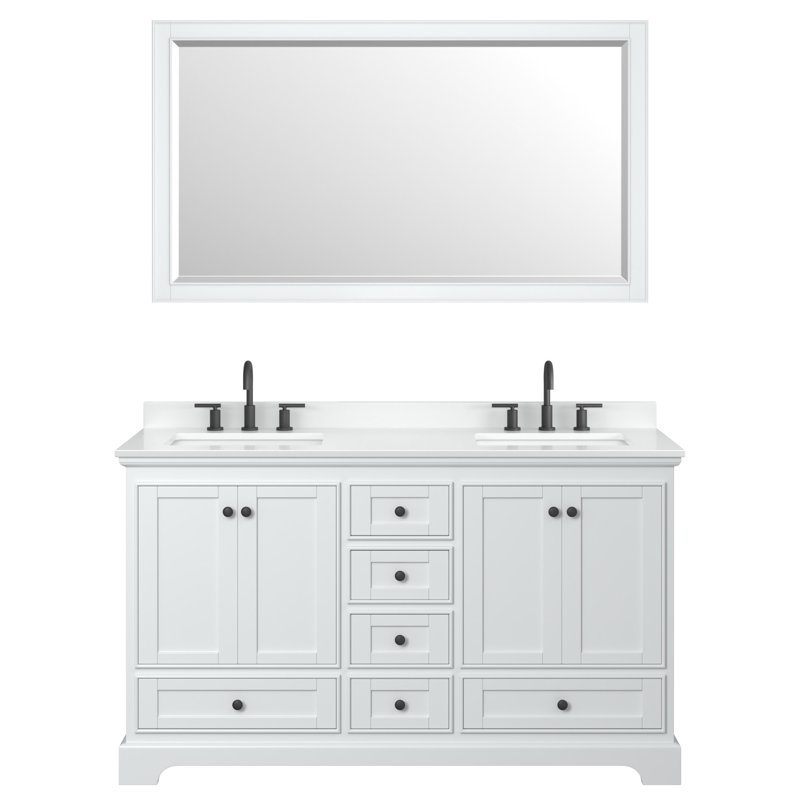 Ensemble de meuble-lavabo double 60 po Deborah, Blanc avec garniture noir mat, Comptoir en marbre de culture blanc