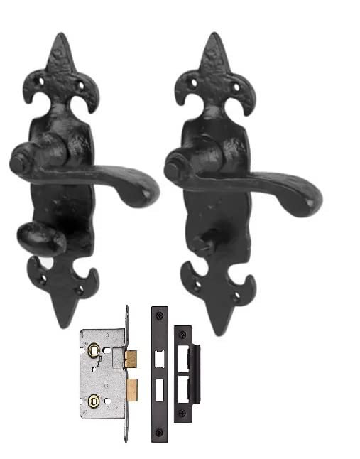 Golden Grace 1 Pair Antique Fleur De LYS Bathroom Door Handles in Black Finish with 64mm Mortise Lock